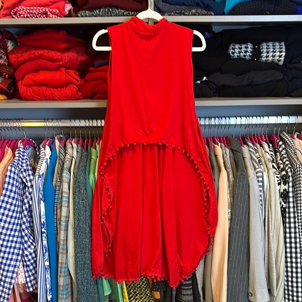F&F red high low sleeveless back zipper closure Pom Pom adorned top size S